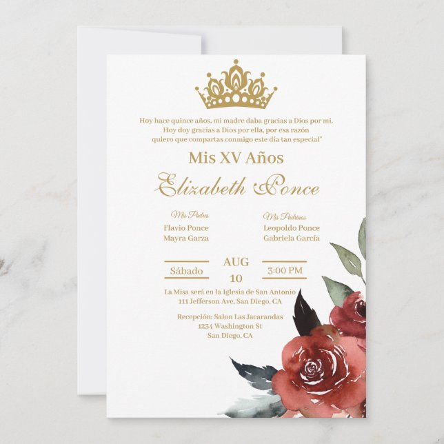  Red flower Quinceanera invitation (Front)