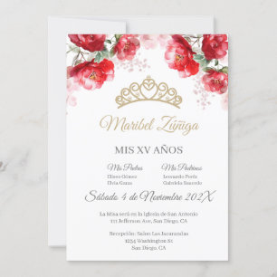 Red flower Quinceanera invitation with crown