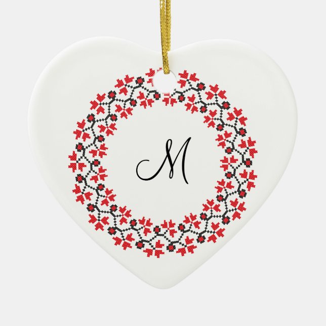 Red flower ring Personalized Monogram Initial Ceramic Ornament (Front)