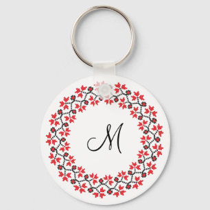 Red flower ring Personalized Monogram Initial Keychain