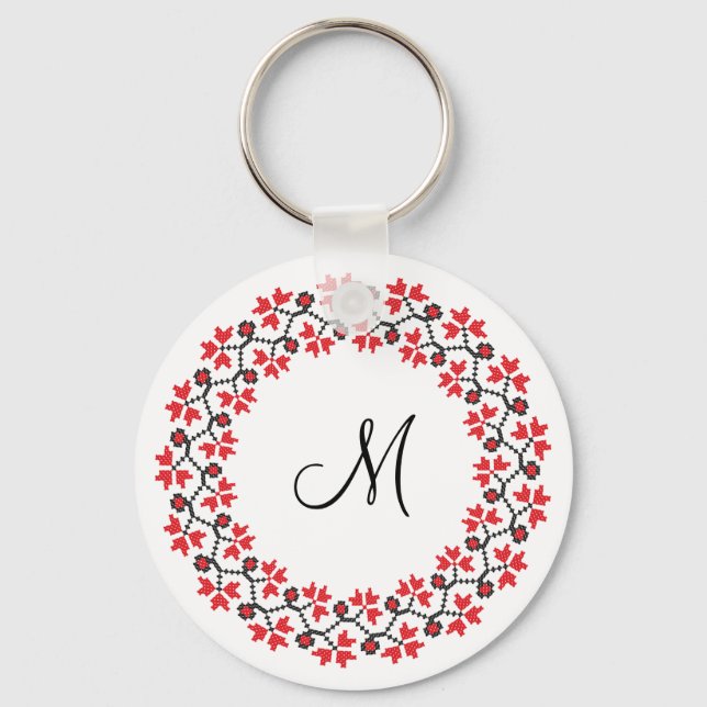 Red flower ring Personalized Monogram Initial Keychain (Front)