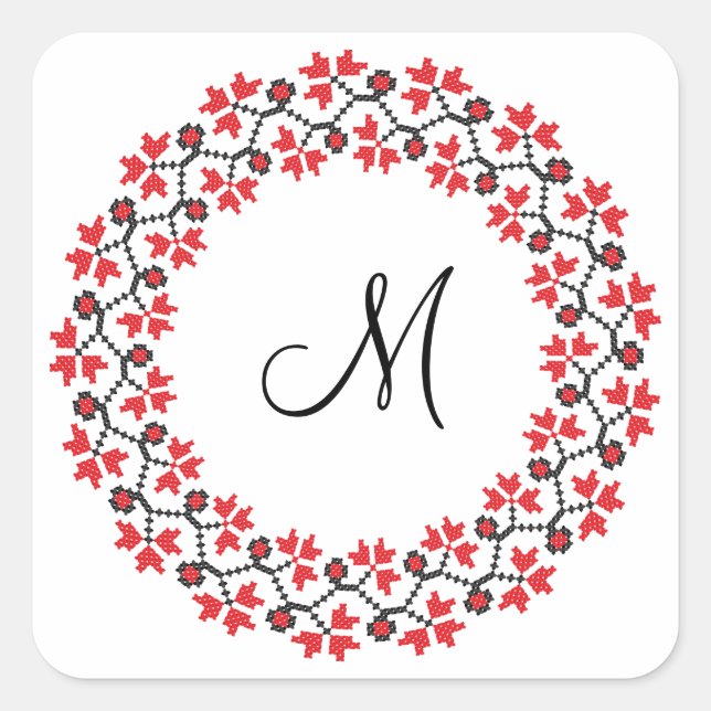 Red flower ring Personalized Monogram Initial Square Sticker (Front)