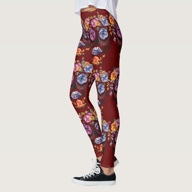 Red Flower Skull Leggings - Sugar Skull (Left)
