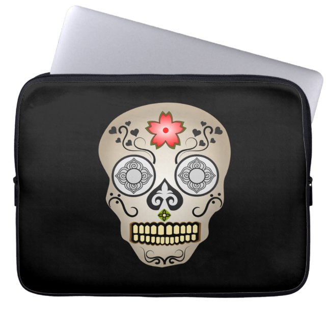 Red Flower Sugar Skull Laptop Sleeve (Front)