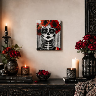 Red Flower Sugar Skull Woman Day of the Dead Art Canvas Print