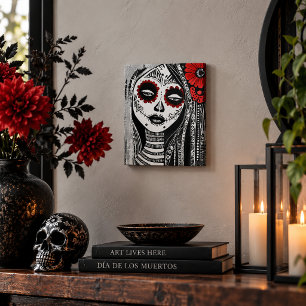 Red Flower Sugar Skull Woman Day of the Dead Canvas Print