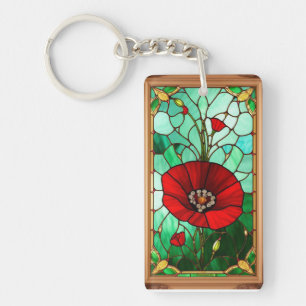 Red Flower Vivid Stained Glass Art Keychain