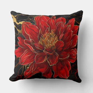 Red Flower with Gold and Black Throw Pillow