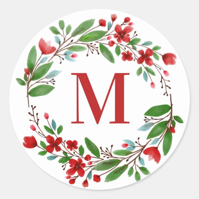 Red Flower Wreath Initial Personalize Classic Round Sticker (Front)
