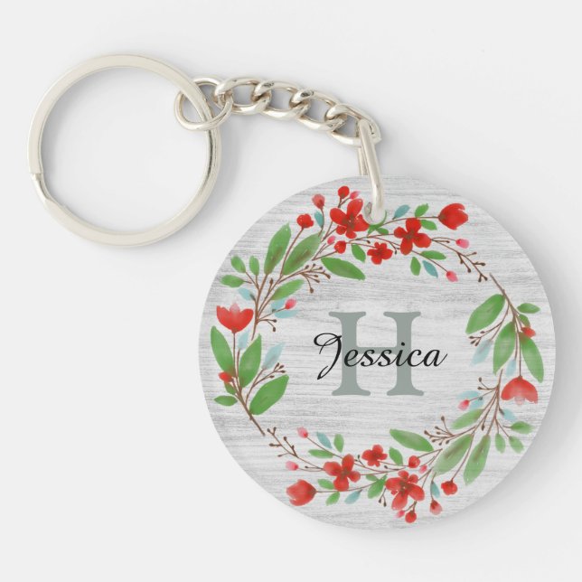 Red Flower Wreath Rustic Personalised  Keychain (Front)