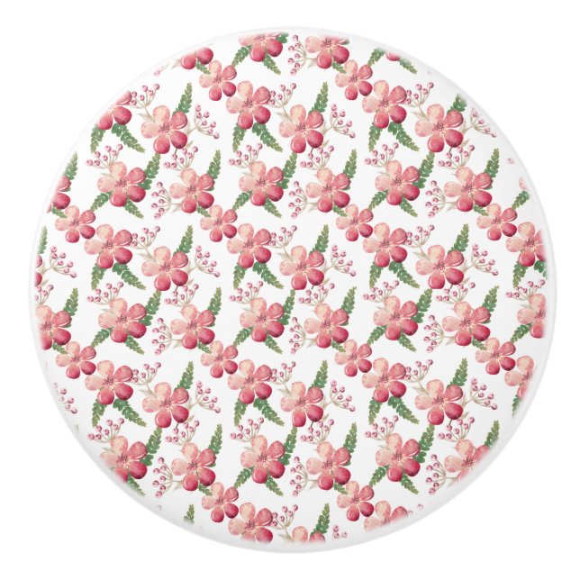 Red Flowers and Berries with Green Leaves Ceramic Knob (Front)