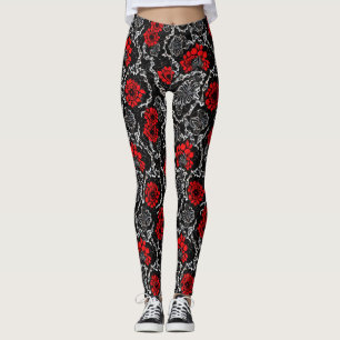 Red Flowers and Black Lace Seamless Pattern Leggings