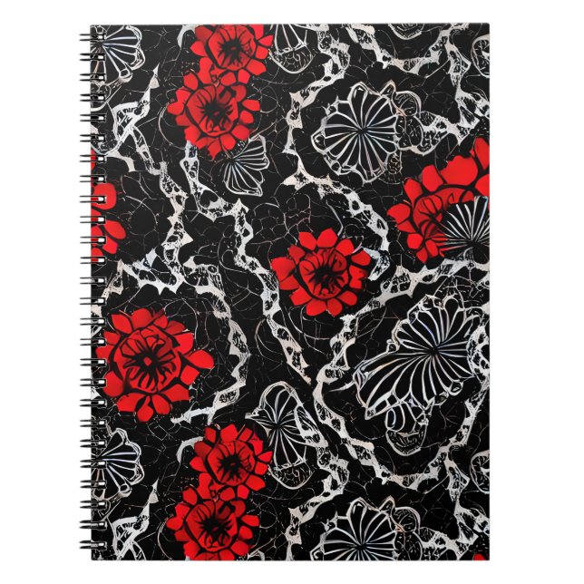 Red Flowers and Black Lace Seamless Pattern Notebook (Front)