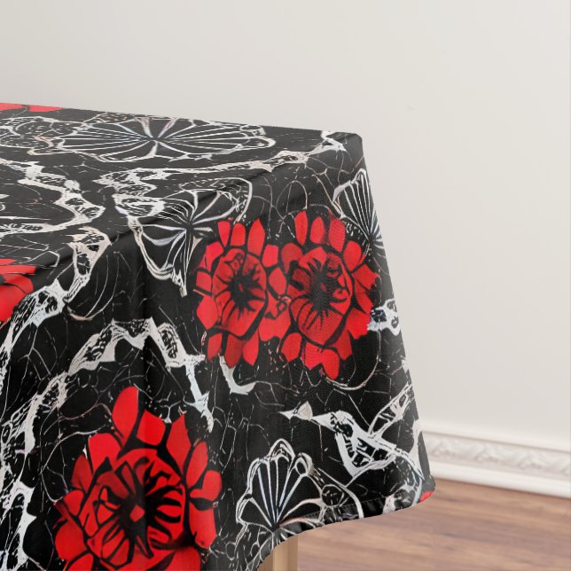 Red Flowers and Black Lace Seamless Pattern Tablecloth (In Situ)