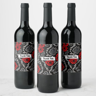 Red Flowers and Black Lace Seamless Pattern Wine Label