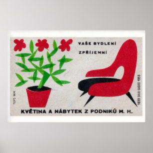 Red Flowers and Chair Matchbox Art Print, Czech Poster