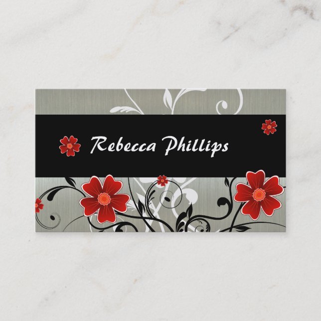 Red Flowers and Silhouette on Silver Business Card (Front)