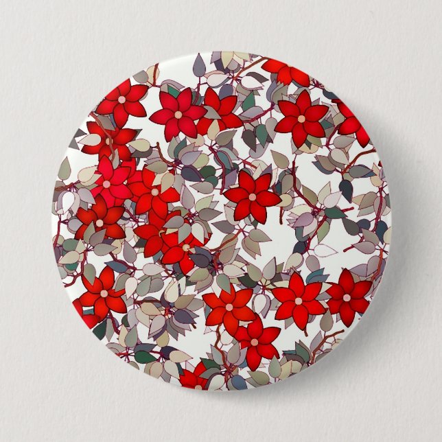 Red flowers and silver grey leaves 3 inch round button (Front)