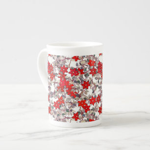 Red flowers and silver grey leaves bone china mug