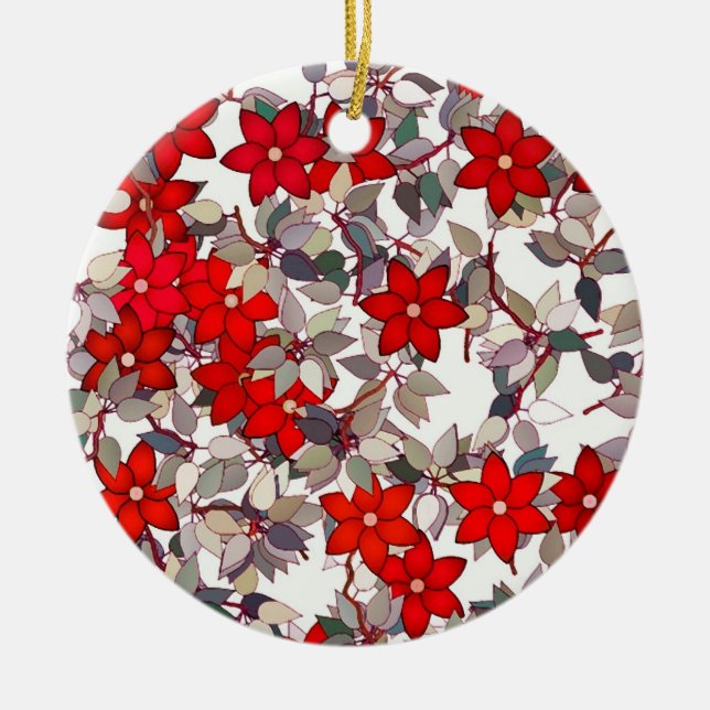 Red flowers and silver grey leaves ceramic ornament (Front)
