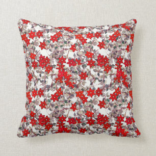 Red flowers and silver grey leaves throw pillow