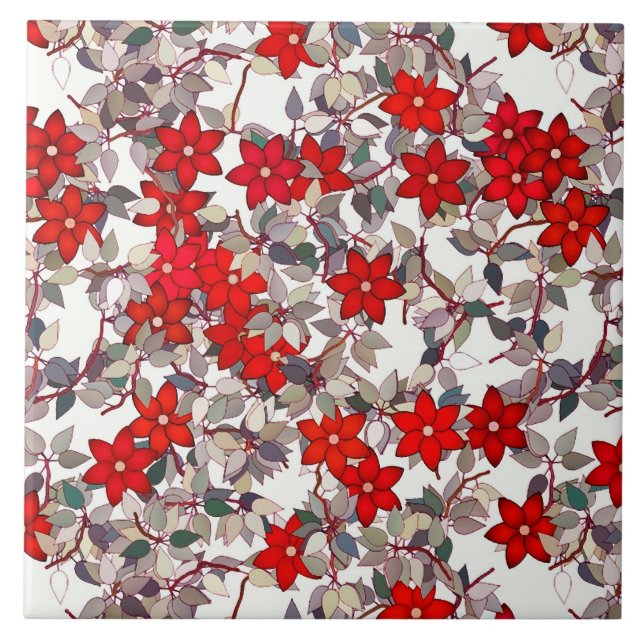Red flowers and silver grey leaves tile (Front)