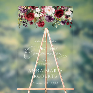 Red Flowers, Boho, First Holy Communion Welcome Acrylic Sign