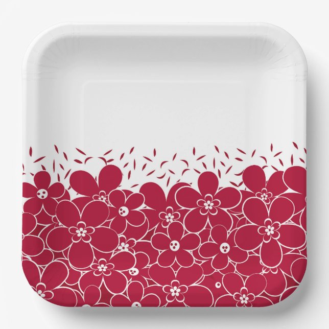 Red flowers daisies on white background  paper plate (Front)