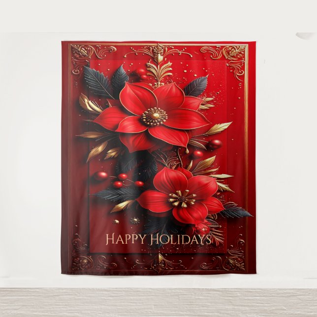 Red Flowers Decorative Holiday Backdrop Tapestry (Front)