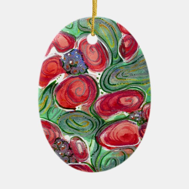 Red Flowers Fantasy Ceramic Ornament (Front)