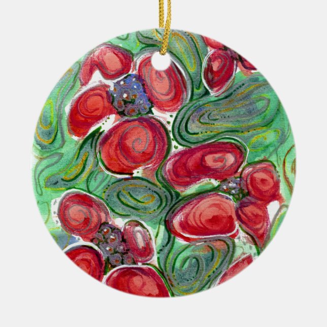 Red Flowers Fantasy Ceramic Ornament (Front)