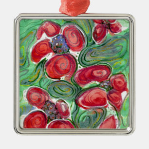 Red Flowers Fantasy Metal Ornament