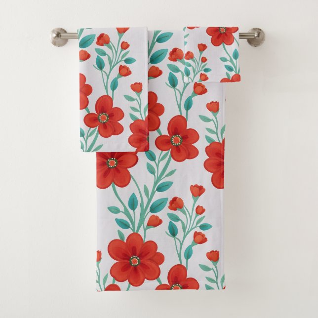 Red Flowers Floral Pattern  Bath Towel Set (Insitu)