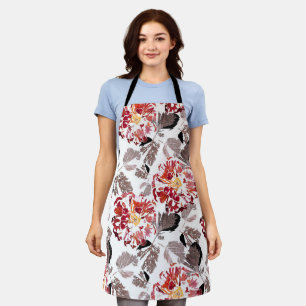 Red flowers, floral, retro, red and white apron
