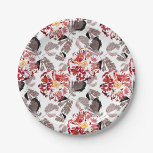 Red flowers, floral, retro, red and white paper plate