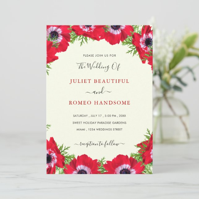 Red Flowers Framed Wedding Invitation Card (Standing Front)