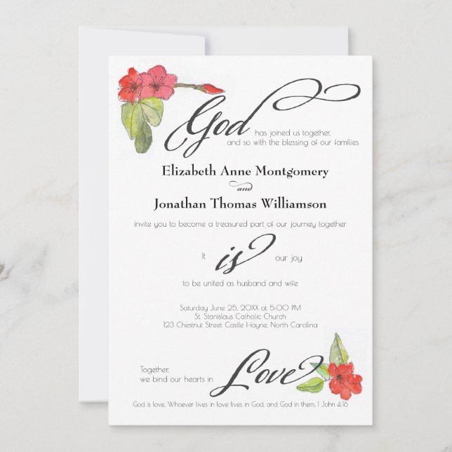 Red Flowers God is Love Calligraphy Religious Invitation (Front)