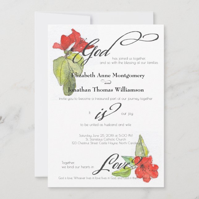 Red Flowers God is Love Religious Wedding Invitation (Front)
