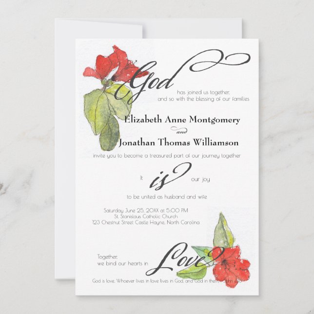 Red Flowers God is Love Religious Wedding Invitation (Front)