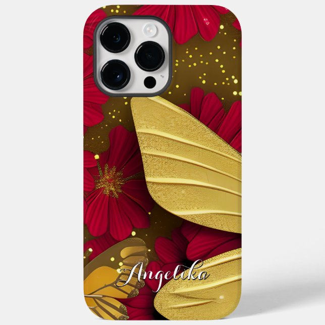 Red Flowers Gold Glitters Personalized Name Case-Mate iPhone Case (Back)