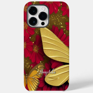 Red Flowers Gold Glitters Personalized Name iPhone 14 Pro Max Case