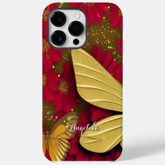 Red Flowers Gold Glitters Personalized Name iPhone 14 Pro Max Case