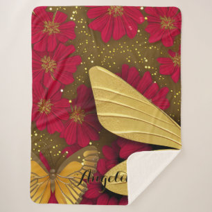 Red Flowers Gold Glitters Personalized Name Sherpa Blanket