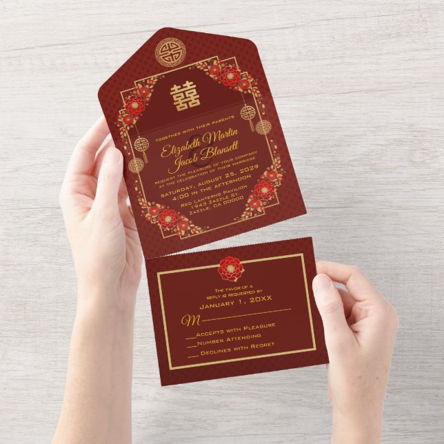 Red Flowers Gold Trim Chinese Wedding  All In One Invitation (Tearaway)