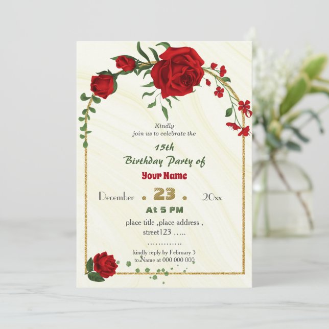 red flowers green leaves birthday invitation (Standing Front)