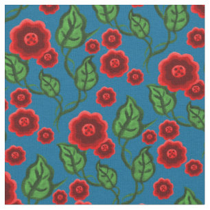 Red flowers/green leaves/Folk art floral/blue Fabric