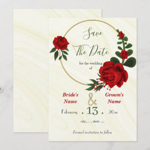red flowers green leaves gold wreath save the date
