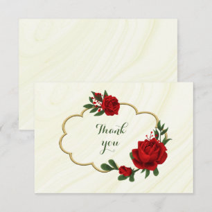 red flowers green leaves on gold frame thank you card