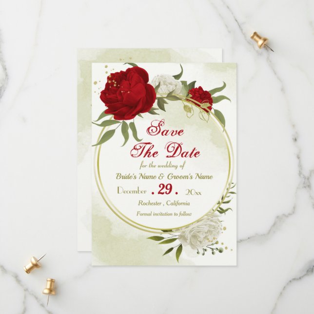 red flowers green leaves  save the date (Front/Back In Situ)