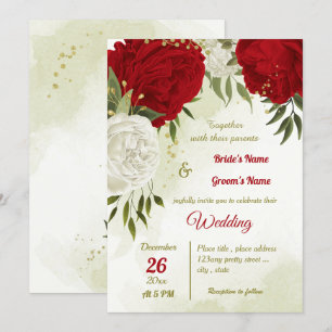 red flowers green leaves wedding invitation